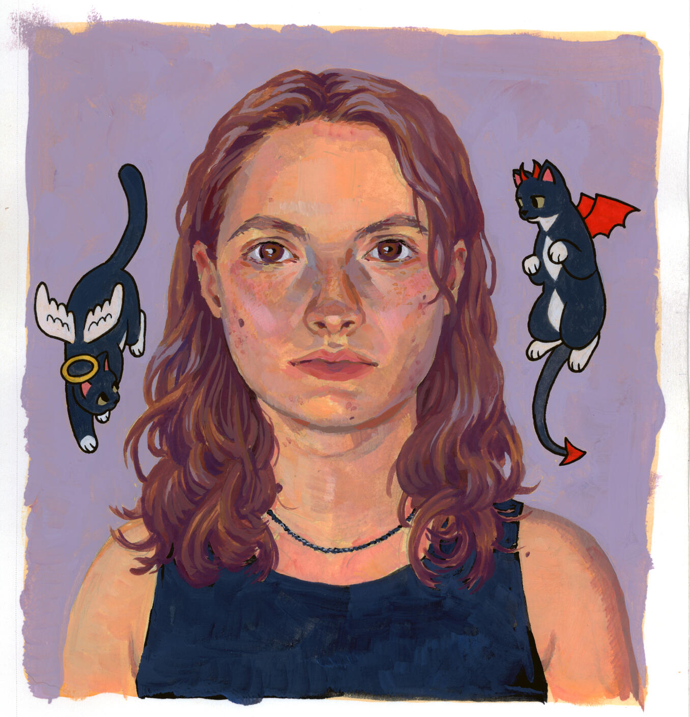 Gouache portrait of the artist with two cartoon tuxedo cats in angel and devil costumes