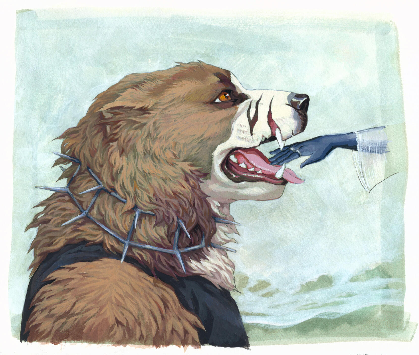 Gouache painting of a sheepdog with a spiked collar with a hand from an offscreen figure placed in her mouth