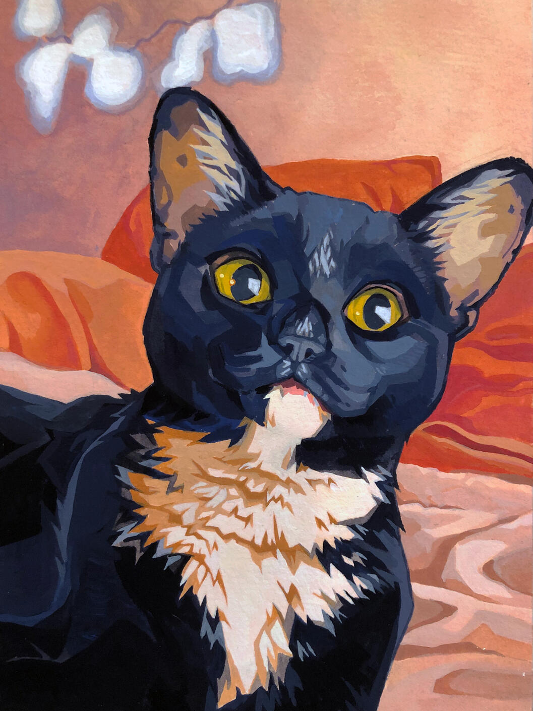 Gouache painting of a tuxedo cat