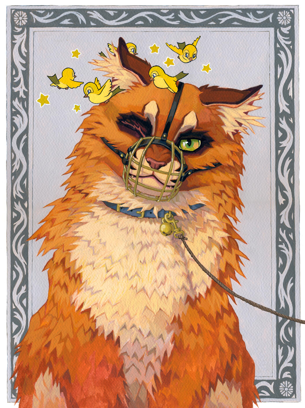 Gouache painting of a cat in a muzzle with cartoon birds flying around its head