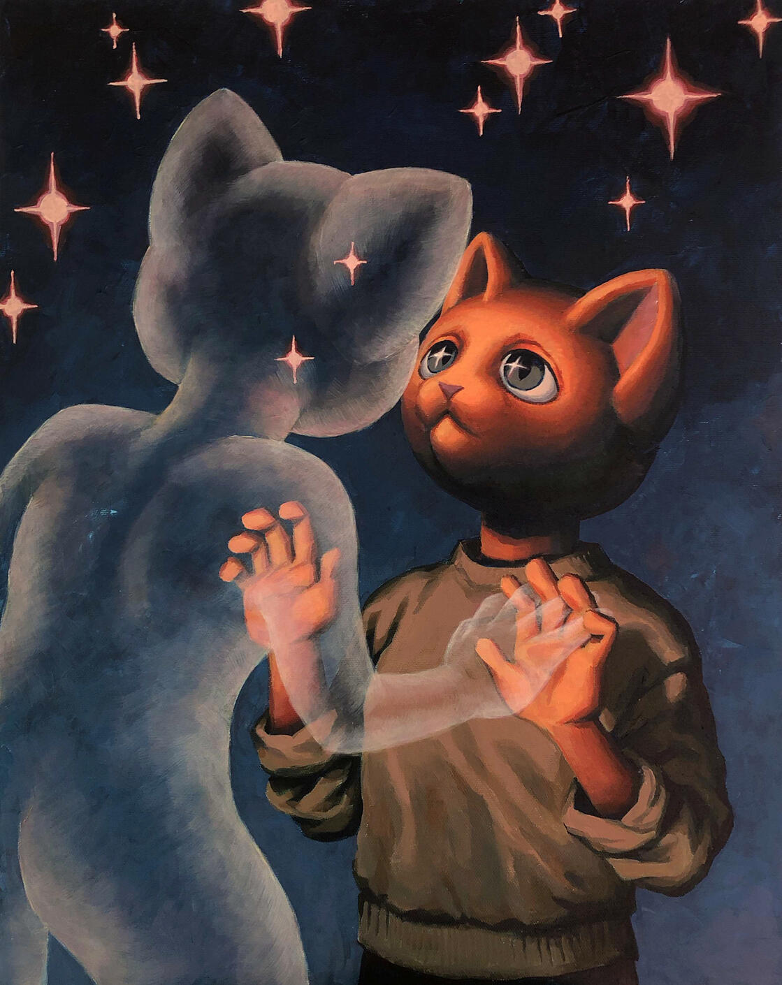 Acrylic painting of a stylized cat person looking at a ghostly cat figure surrounded by stars