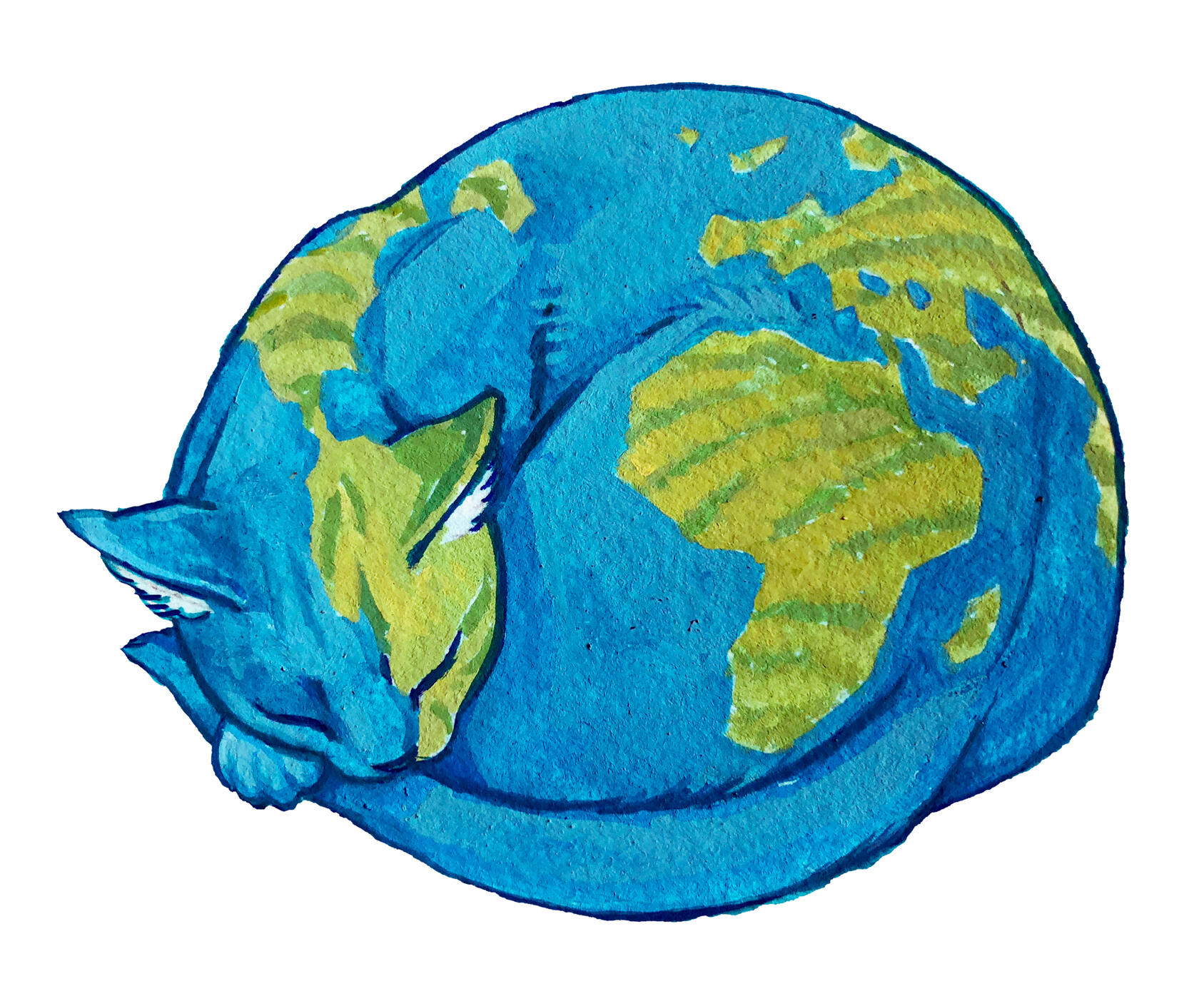 Gouache painting of a cat sleeping curled in a ball colored like the earth