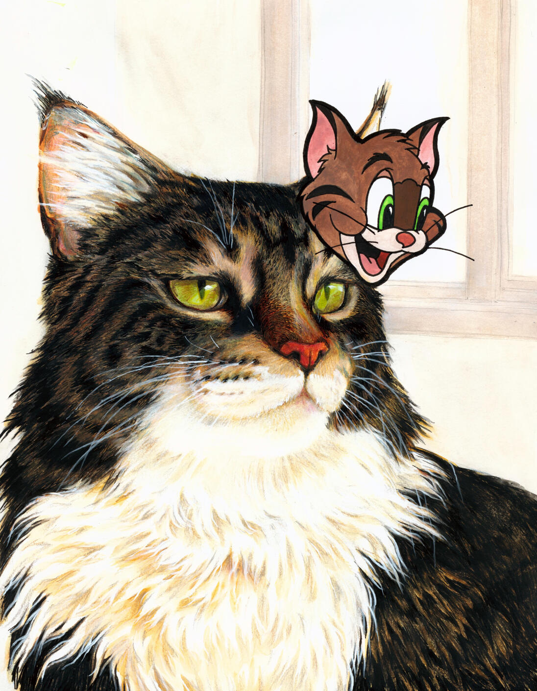 Mixed media painting of a realistic longhair cat with a cartoon image of a cat superimposed beside it
