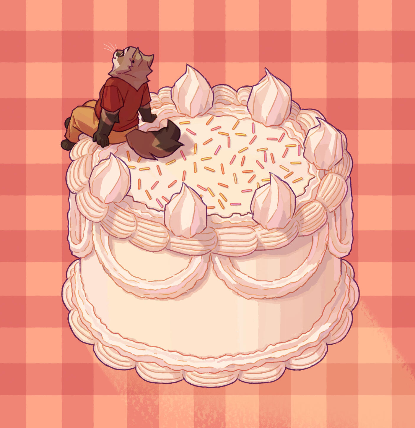 Illustration of a cartoon cat character on a vanilla cake on a gingham background