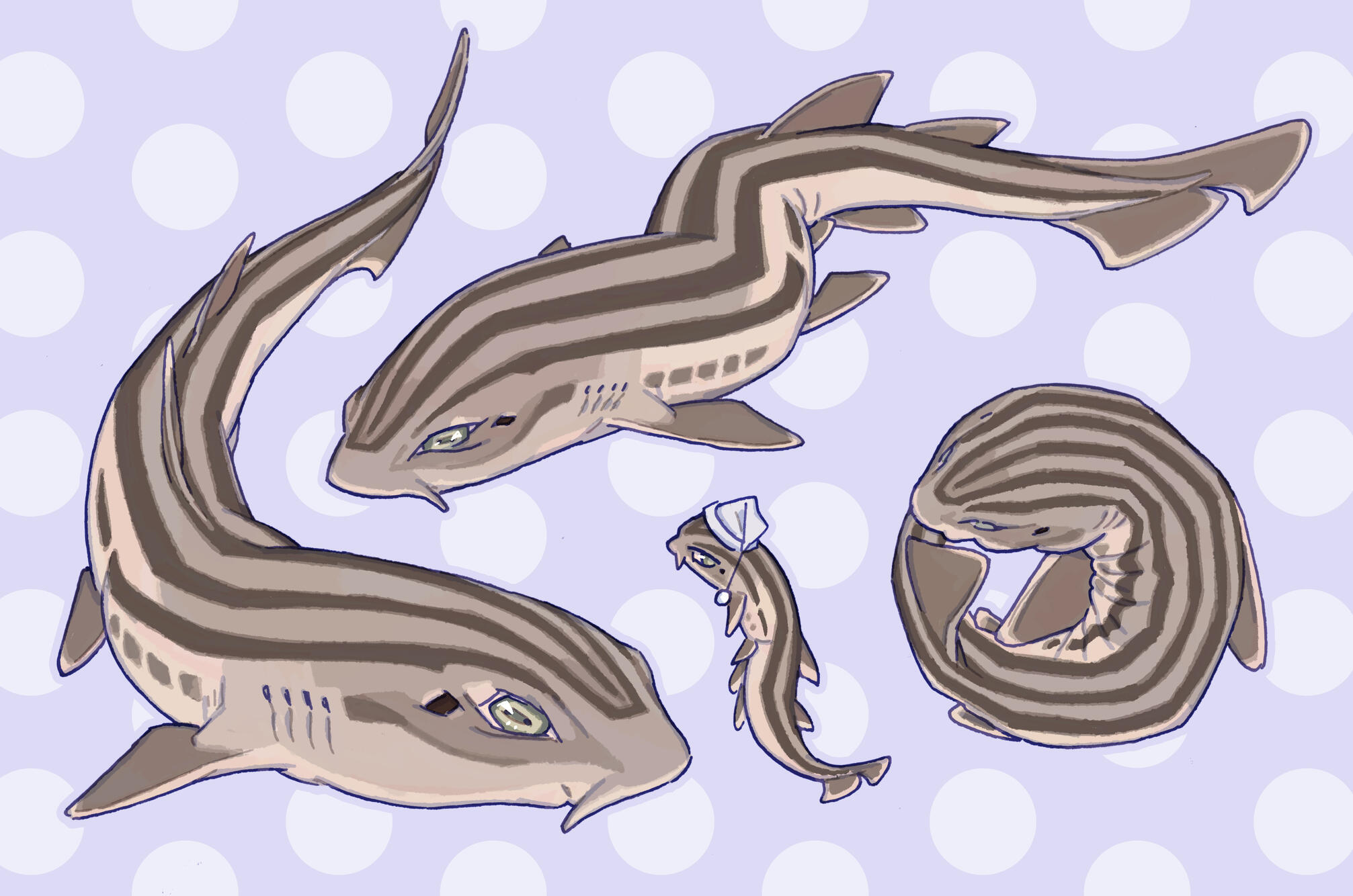 Stylized illustration of pajama sharks in several poses