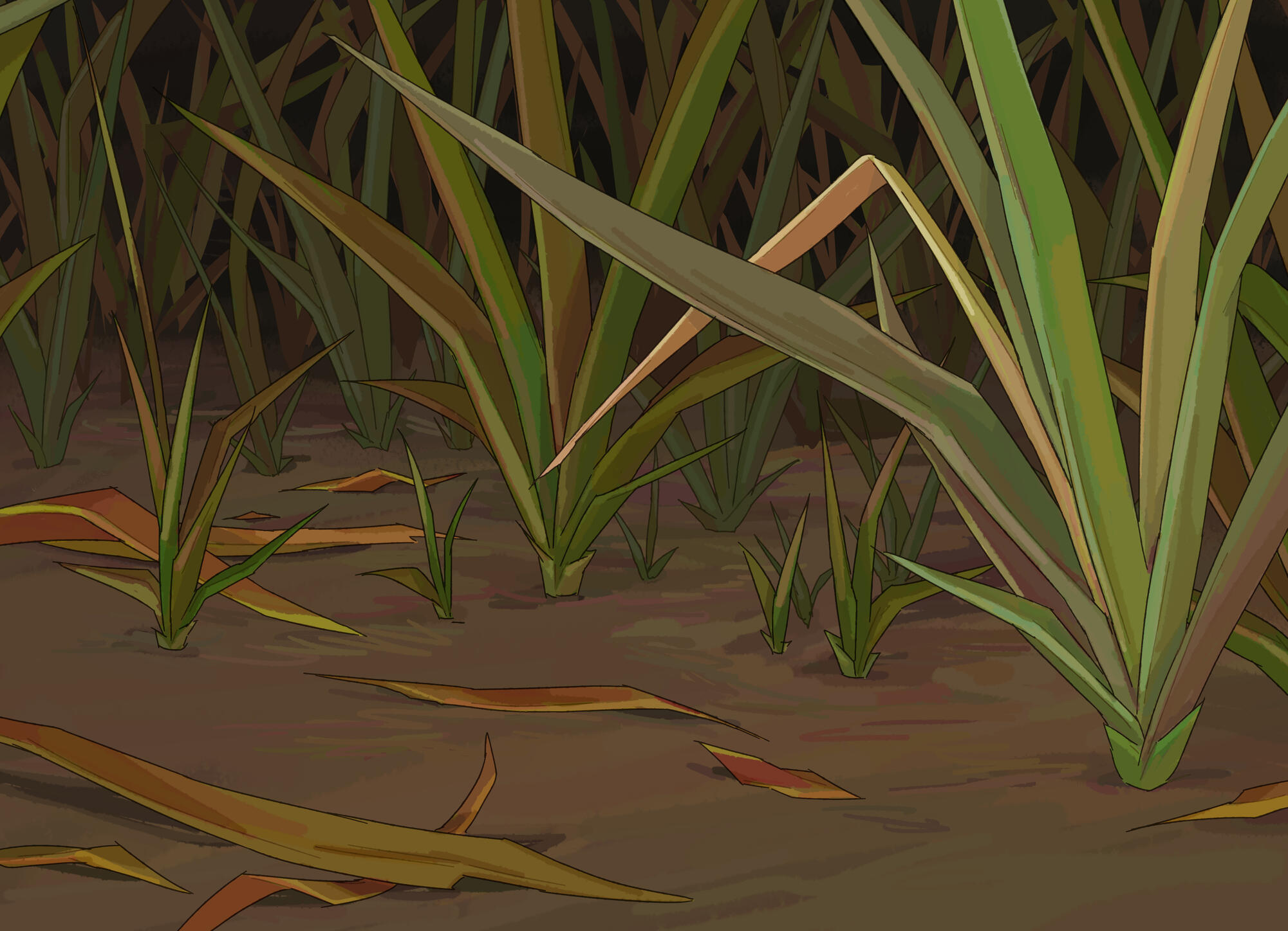 Close-up illustration of grass-covered marshy ground