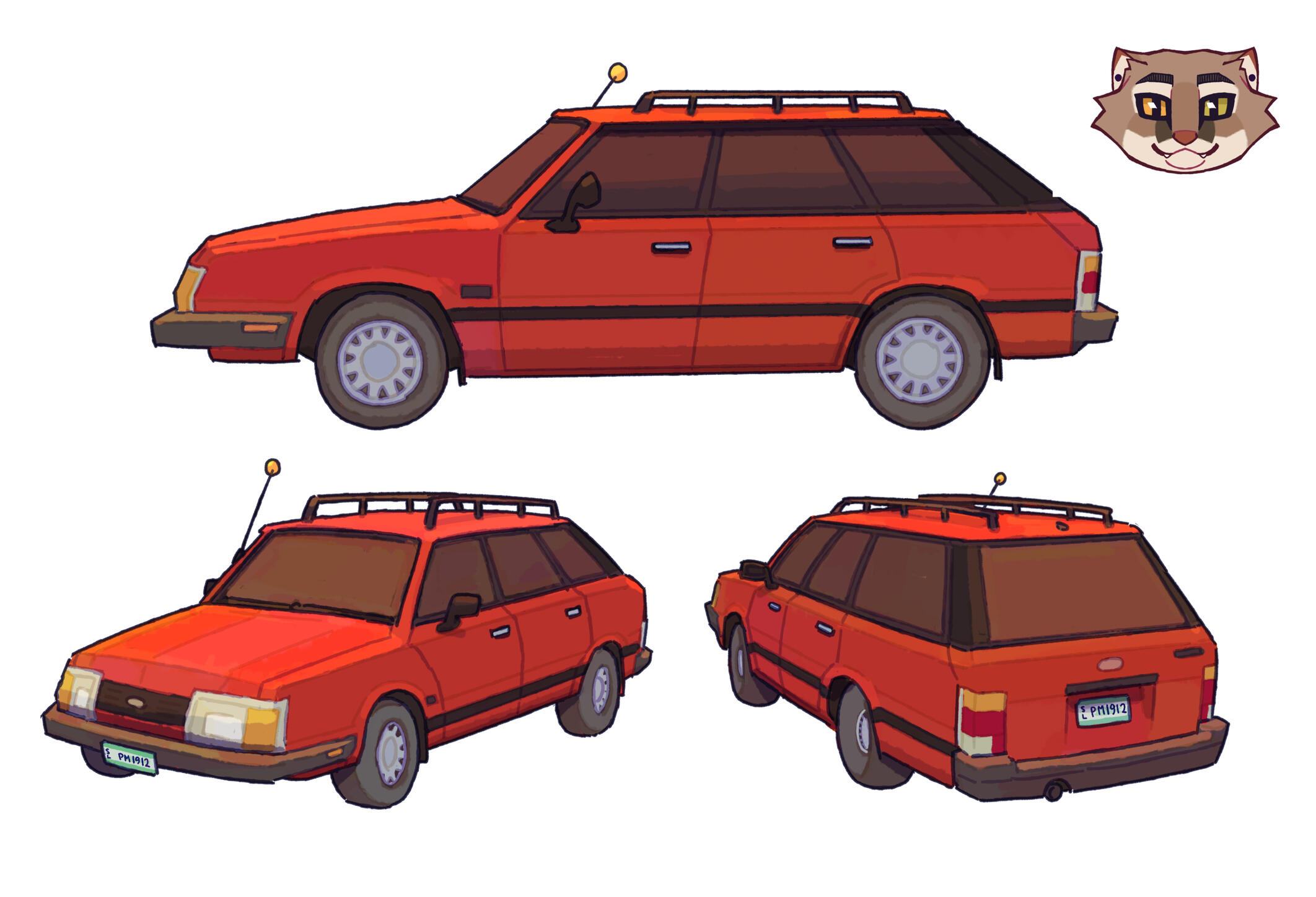 Stylized illustration of a red car from various angles