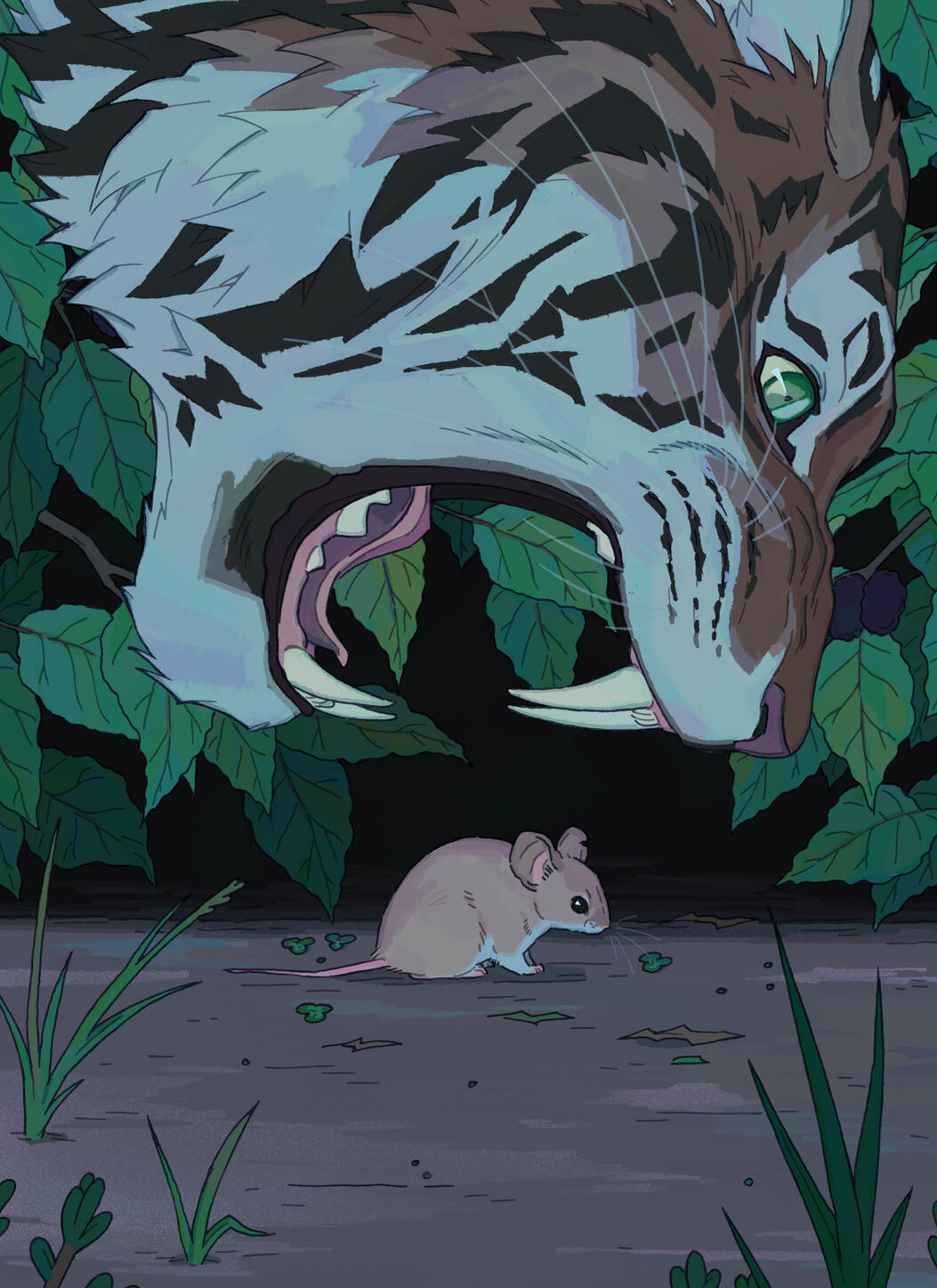 Illustration of a tiger's head about to bite an unsuspecting mouse