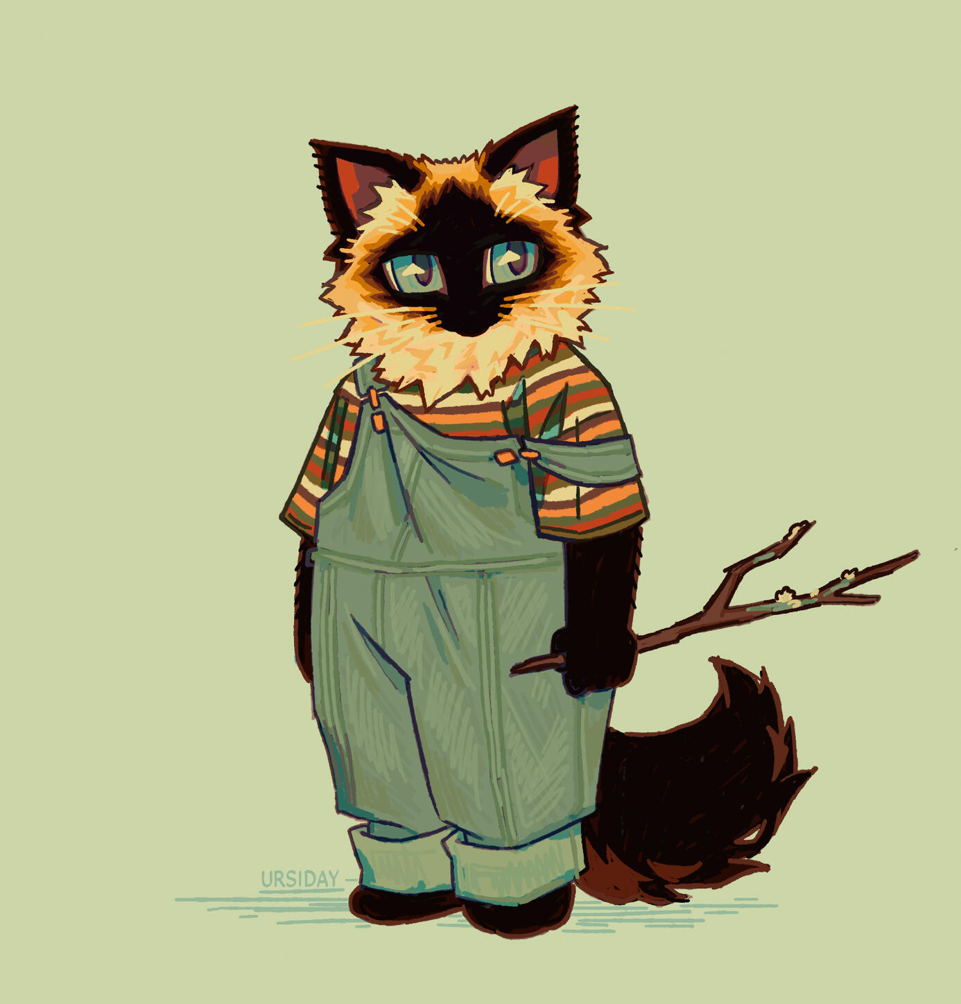 Cartoon image of an anthropomorphic kitten in overalls holding a stick