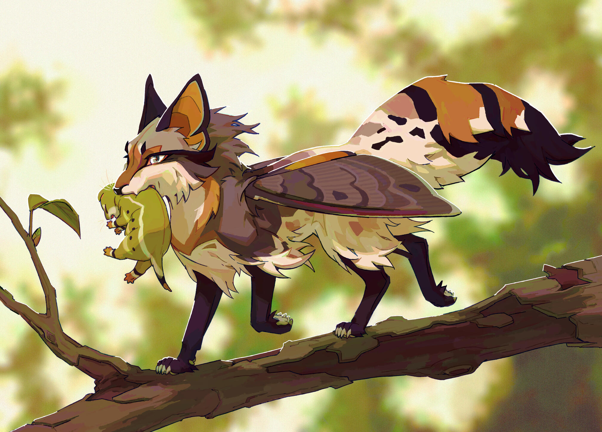 Illustration of a fox with wings and coloration like a sphynx moth carrying a kit colored like a caterpillar