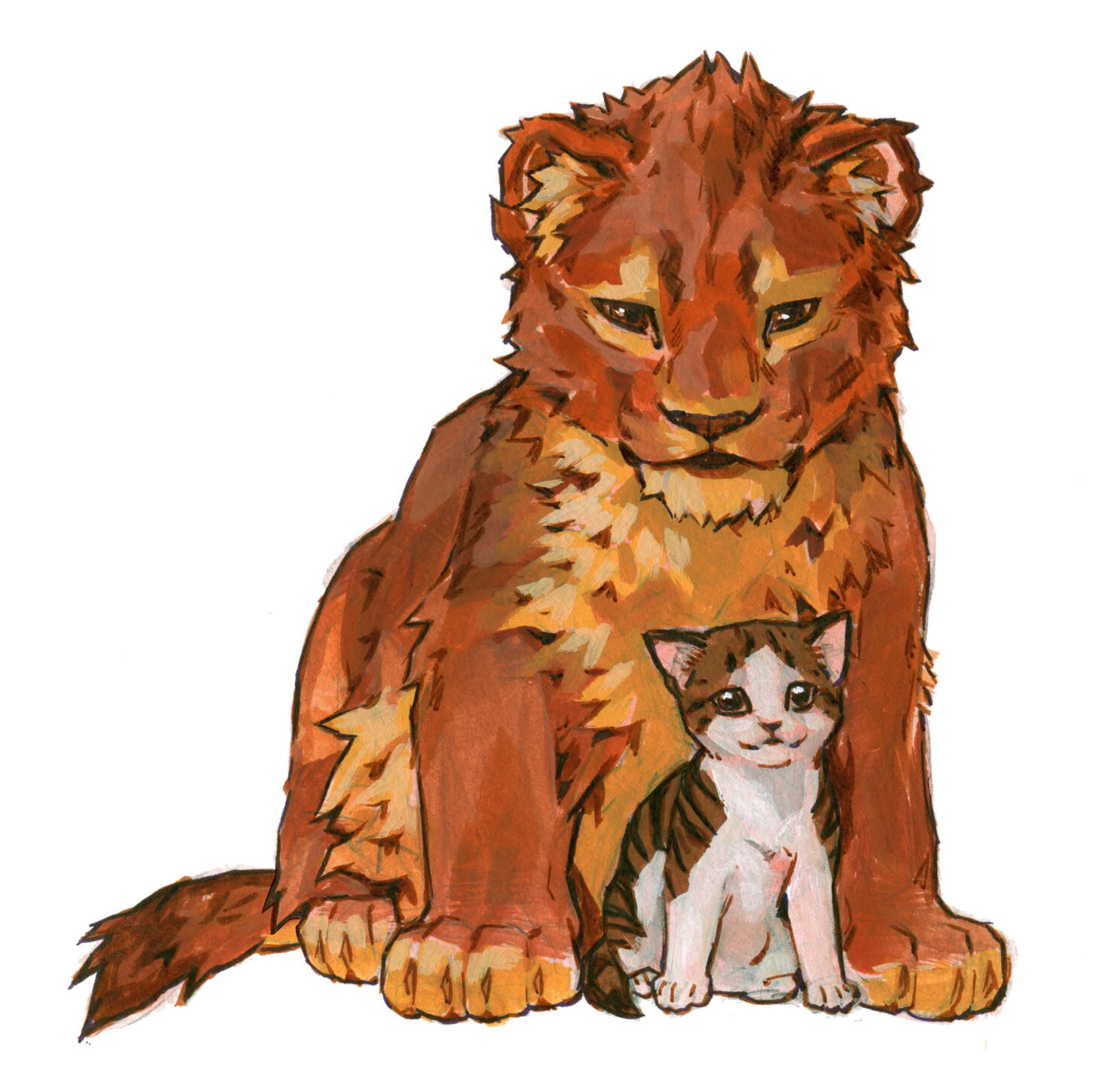 Illustration of a Homotherium latidens cub sitting with a small domestic tabby kitten