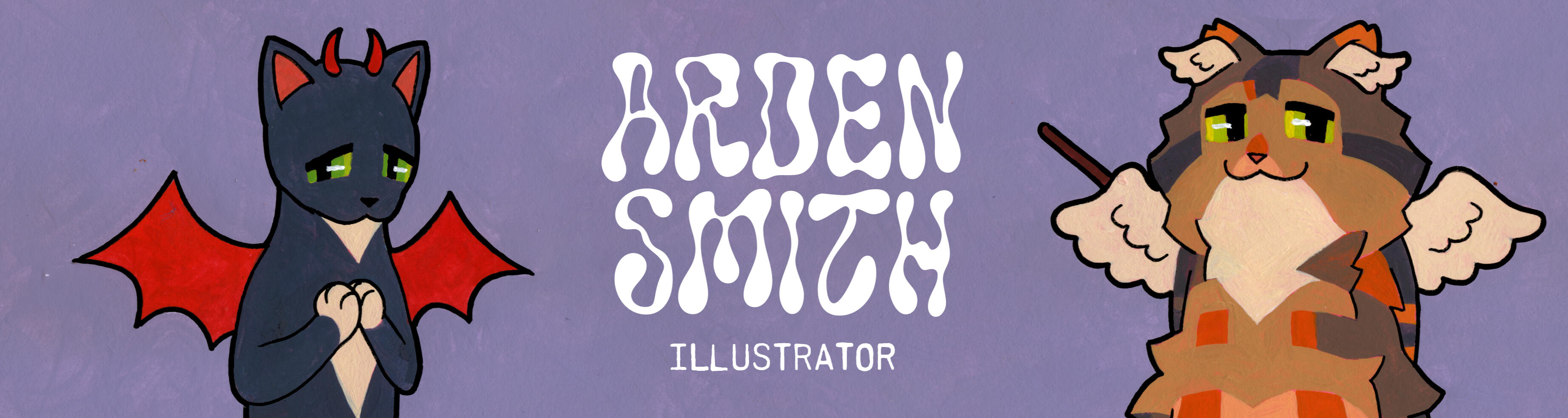 Header image with text "Arden Smith, Illustrator" with cartoon images of two cats in devil and angel costumes